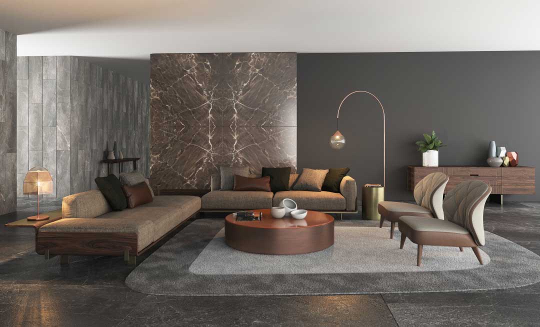 3d interior rendering of a living room with a large brown sofa and two armchairs