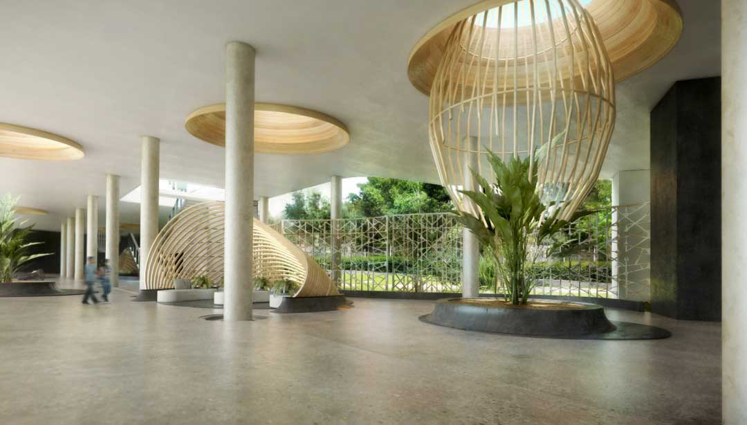 Modern lobby with artistic wooden structures, pendant lights, and lush greenery.