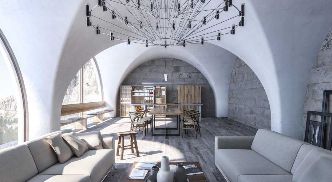 Bright, modern interior with vaulted ceilings, large arched windows, and a unique chandelier.