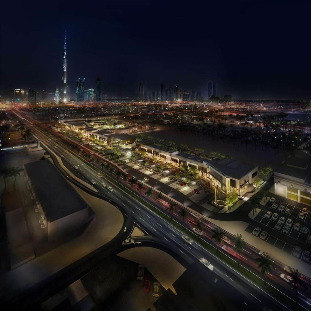 A 3d visualization of a bird's eye view of Dubai by night