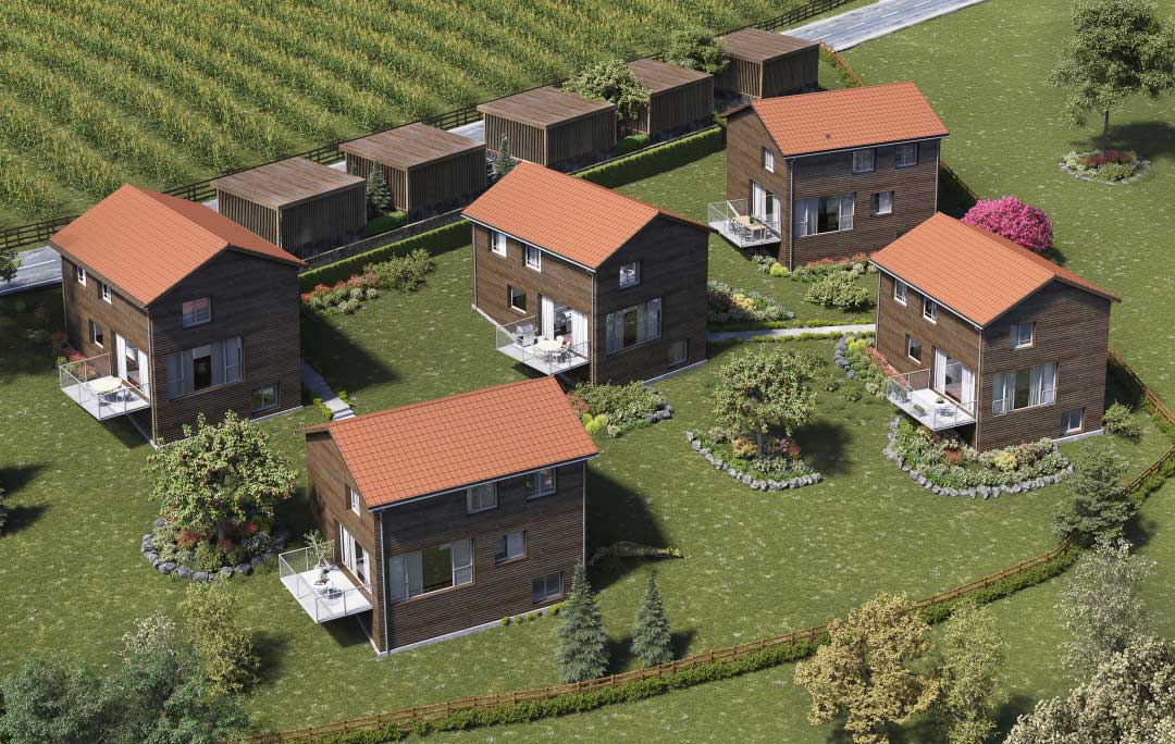 A birds eye 3d rendering of a residential development of five single family homes.