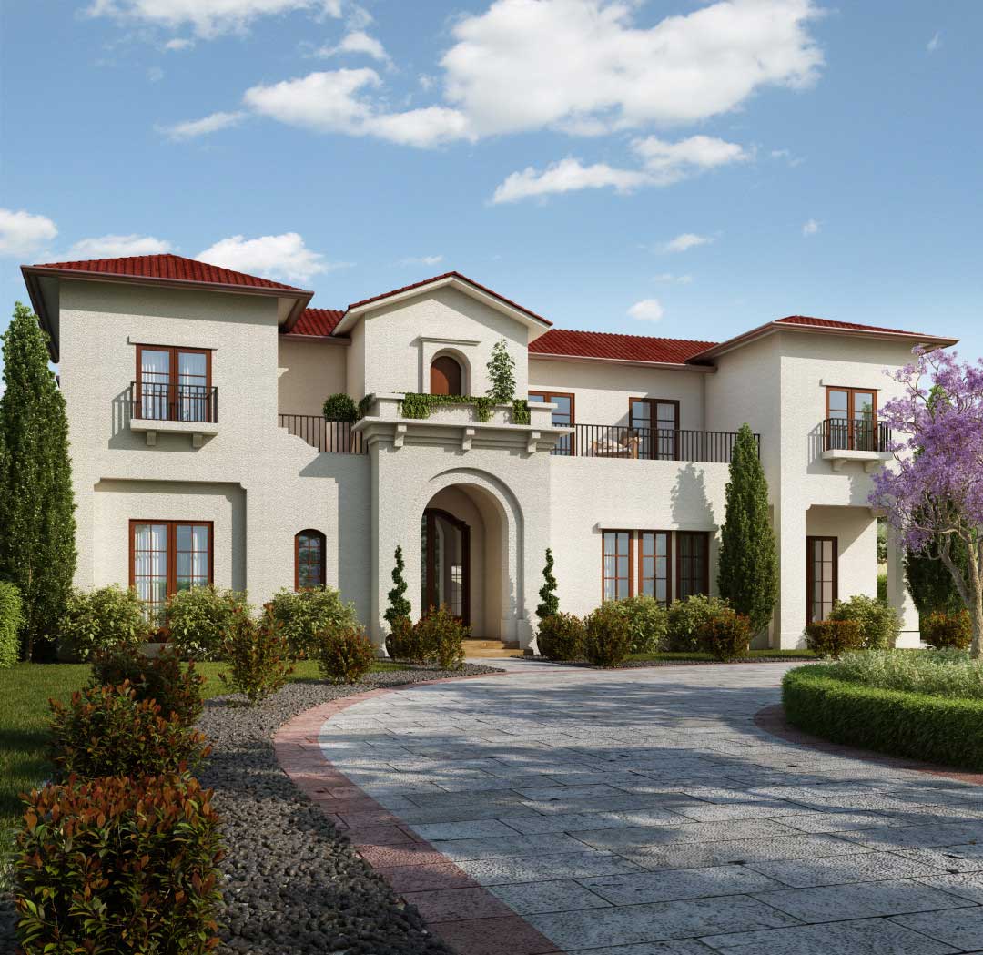 Elegant Mediterranean house with terracotta roof and landscaped driveway.